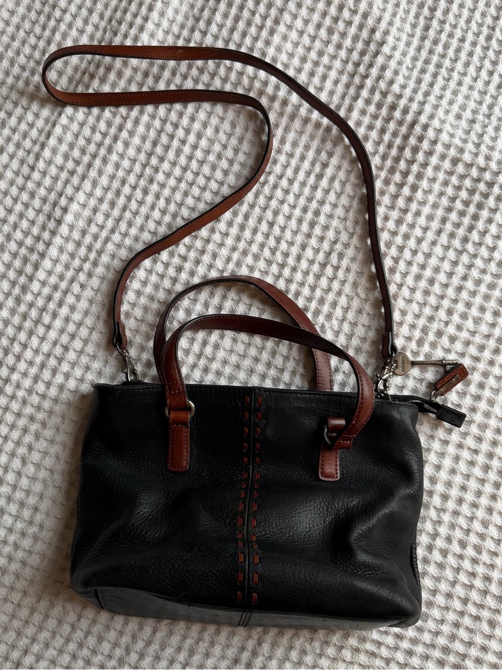 Fossil Black and Brown Two-Tone Crossbody Satchel